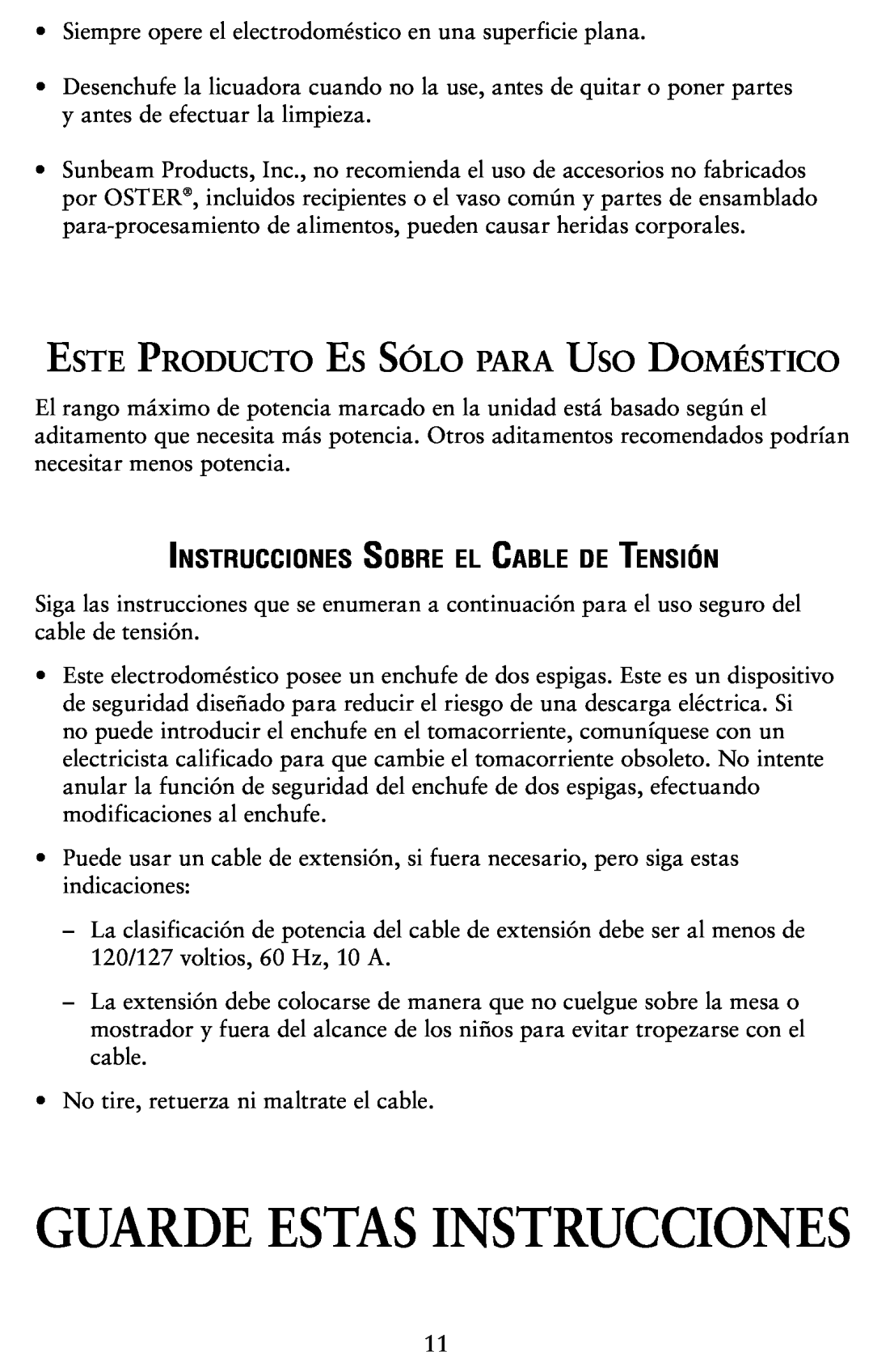 Oster 120761-100 user manual Este Producto Es Sólo para Uso Doméstico, Instrucciones Sobre el Cable de Tensión 