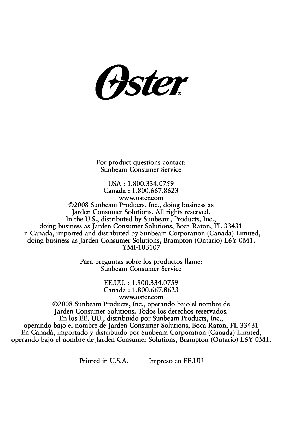 Oster 120761-100 user manual For­ product questions contact 