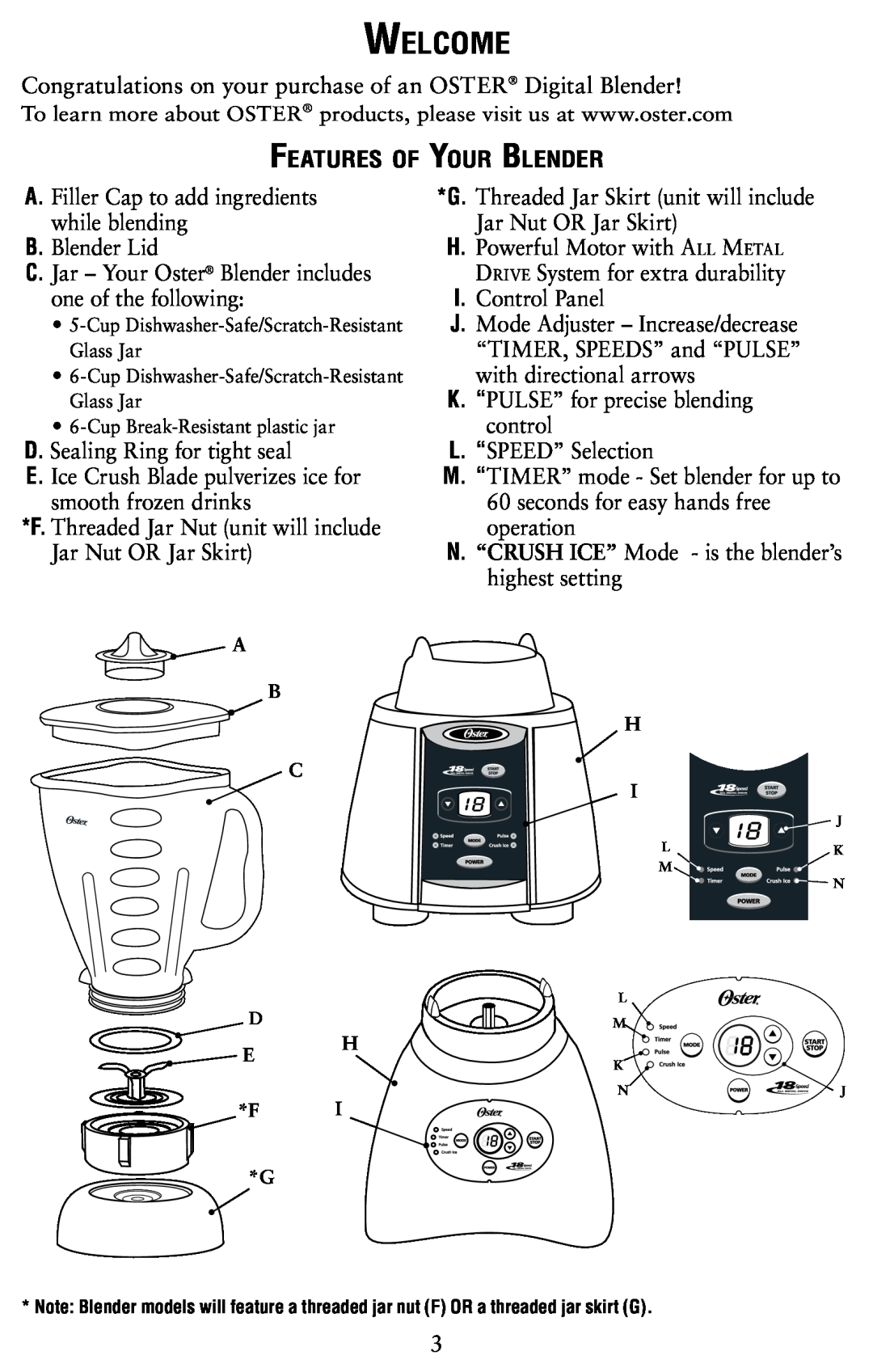 Oster 120761-100 user manual Welcome, Features of Your Blender 