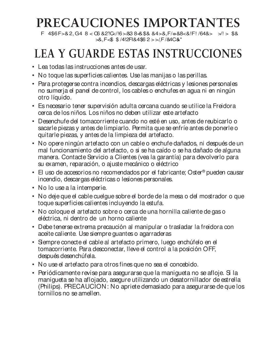 Oster 124465 user manual Precauciones Importantes 