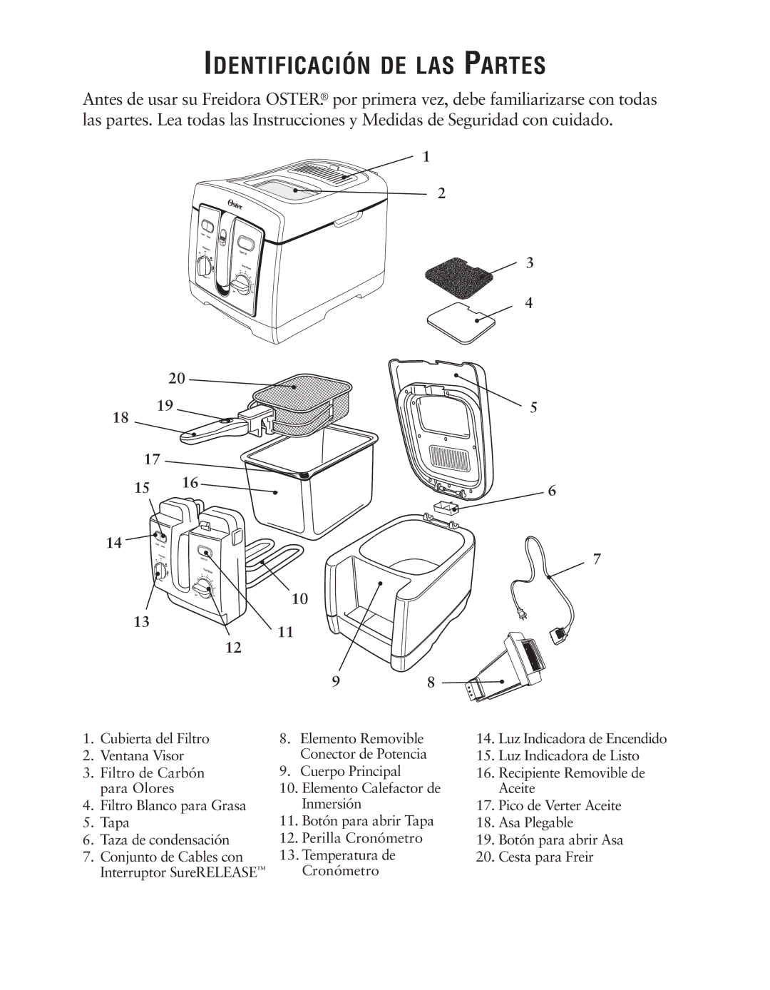 Oster 124465 user manual Identifica Ción DE LAS Partes 