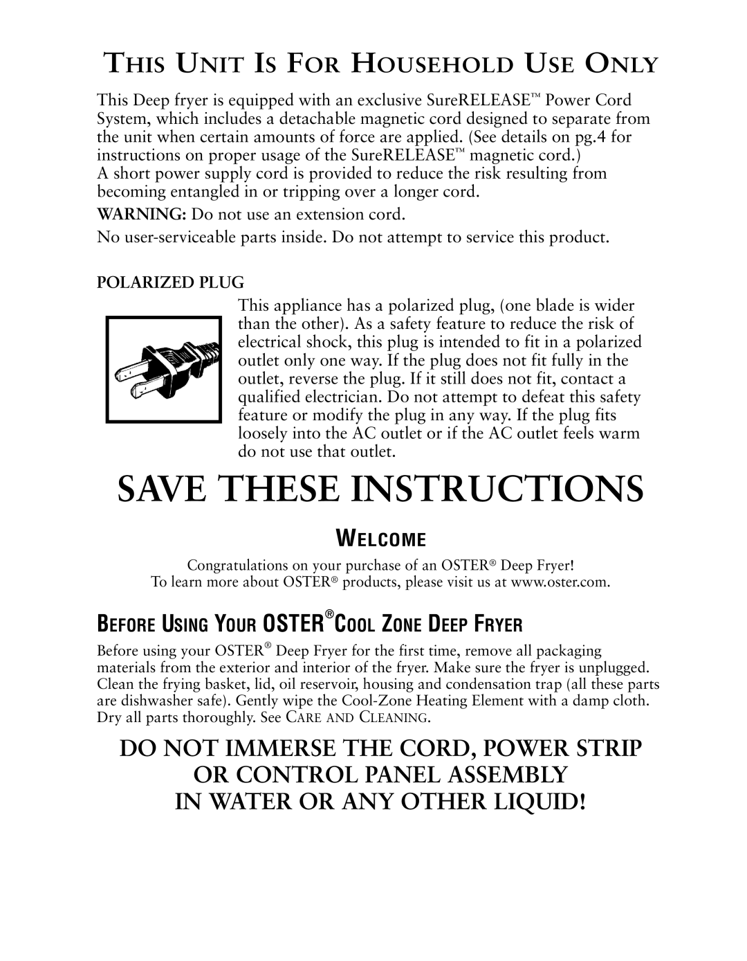 Oster 124465 user manual Welcome, Before Using Your Ostercool Zone Deep Fryer 