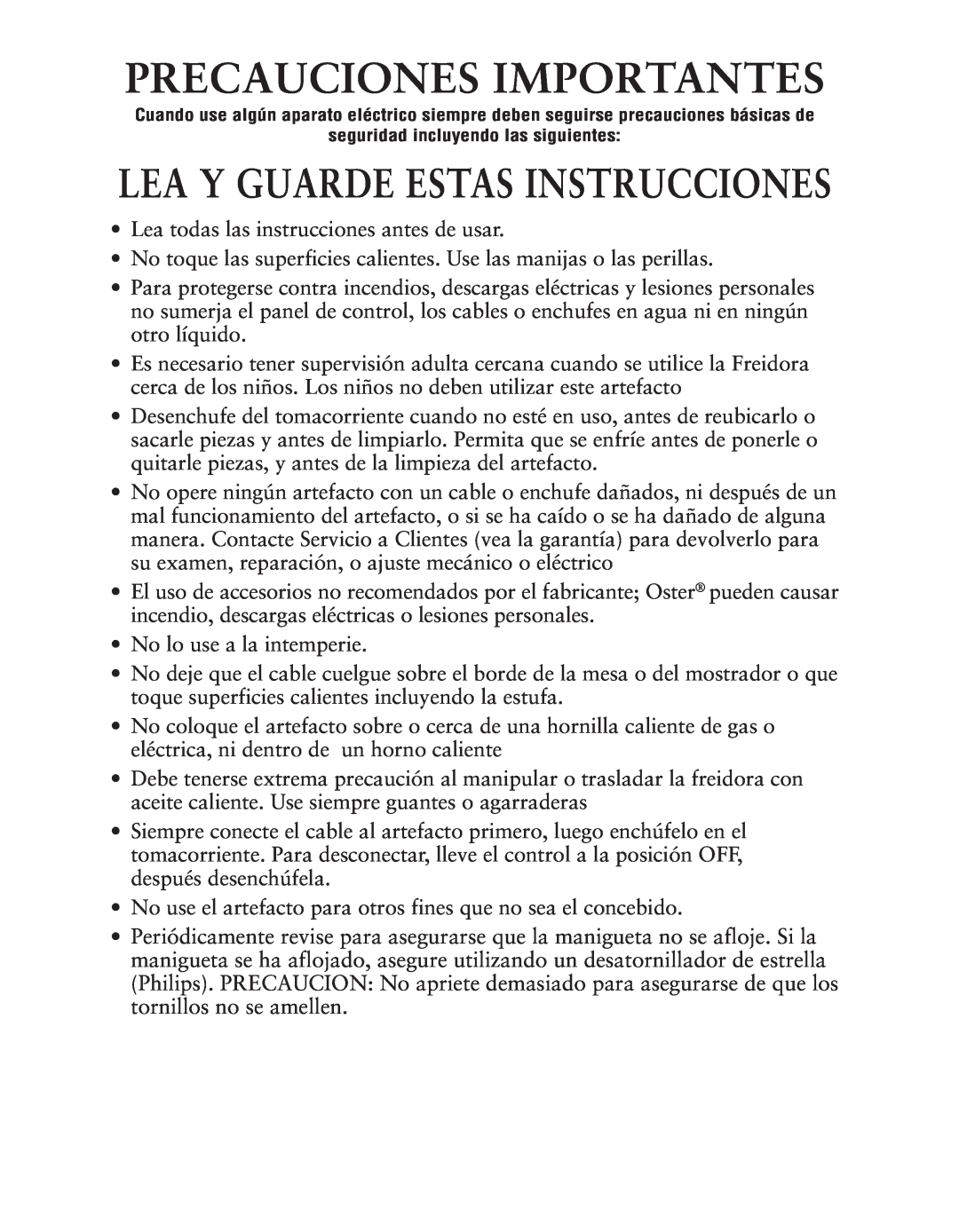 Oster 124465 user manual Precauciones Importantes, Lea Y Guarde Estas Instrucciones 