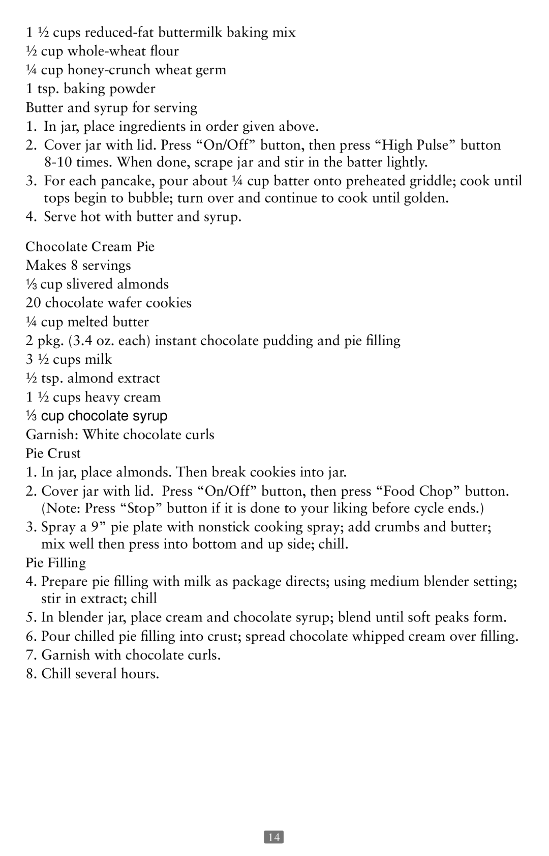 Oster 126477-001-000 instruction manual Chocolate Cream Pie, Pie Crust, Pie Filling 