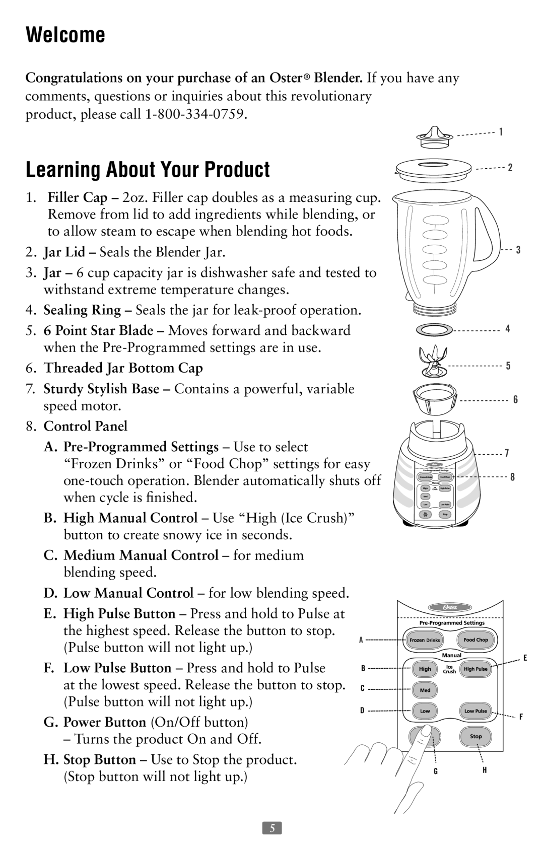 Oster 126477-001-000 instruction manual Welcome, Learning About Your Product 