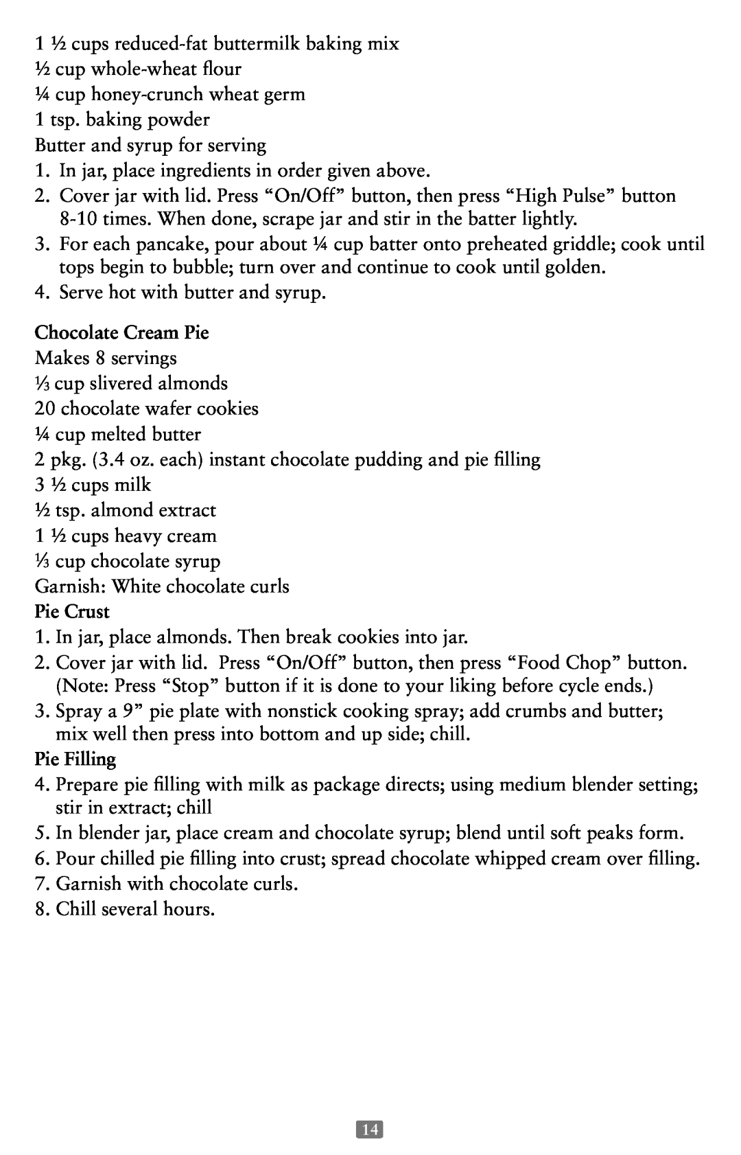 Oster 126477-001-000 instruction manual 1 3 cup chocolate syrup, Chocolate Cream Pie, Pie Crust, Pie Filling 