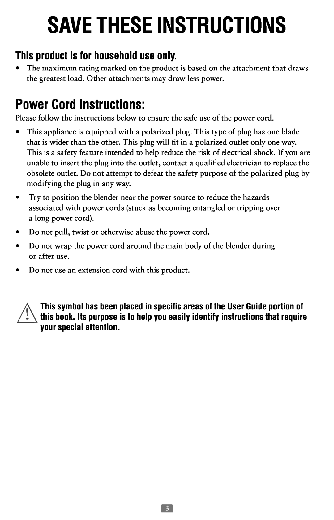 Oster 126477-001-000 Power Cord Instructions, This product is for household use only, Save These Instructions 