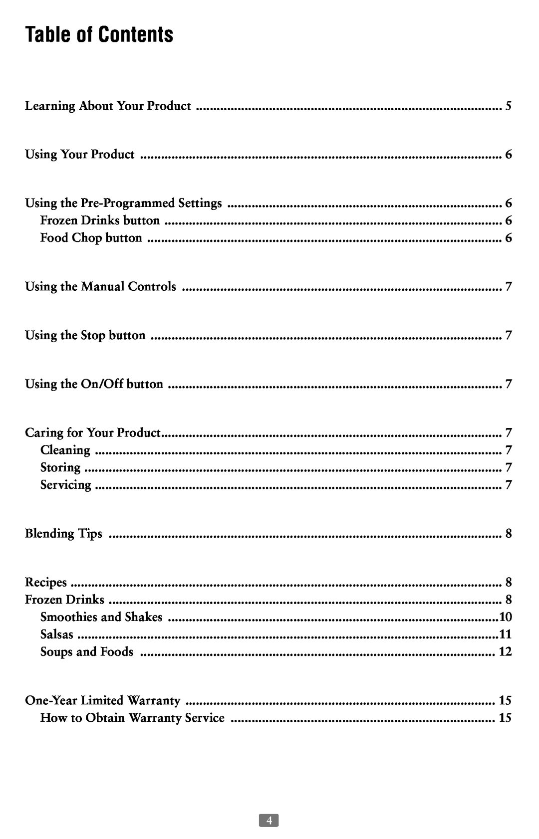 Oster 126477-001-000 instruction manual Table of Contents 