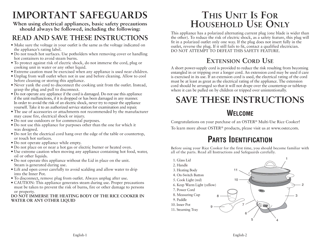 Oster 128342 user manual Important Safeguards, Parts Identification 