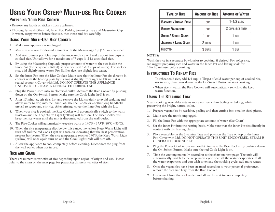 Oster 128342 user manual Using Your Oster MULTI-USE Rice Cooker 