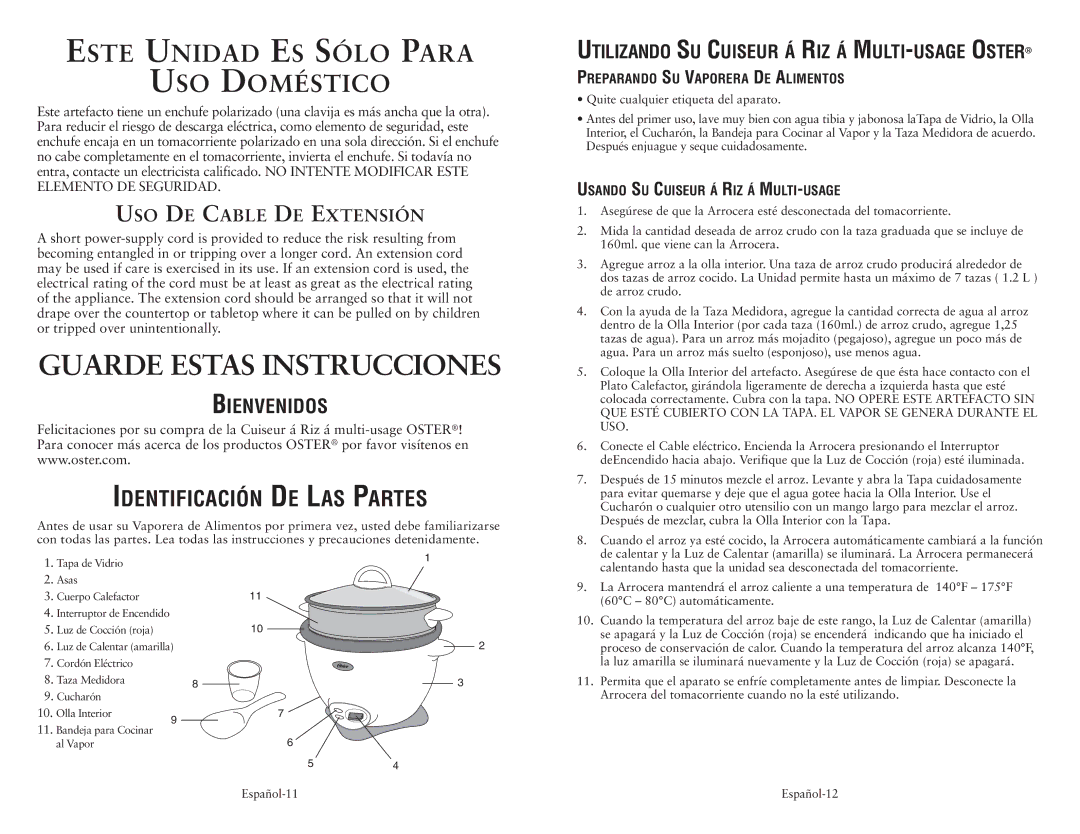 Oster 128342 user manual Identificación DE LAS Partes, Utilizando SU Cuiseur Á RIZ Á MULTI-USAGE Oster 