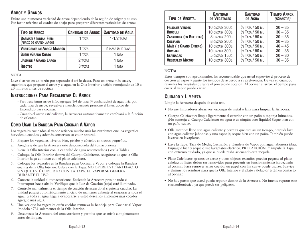 Oster 128342 user manual Arroz Y Granos, Instrucciones Para Recalentar EL Arroz, Cómo Usar LA Bandeja Para Cocinar a Vapor 