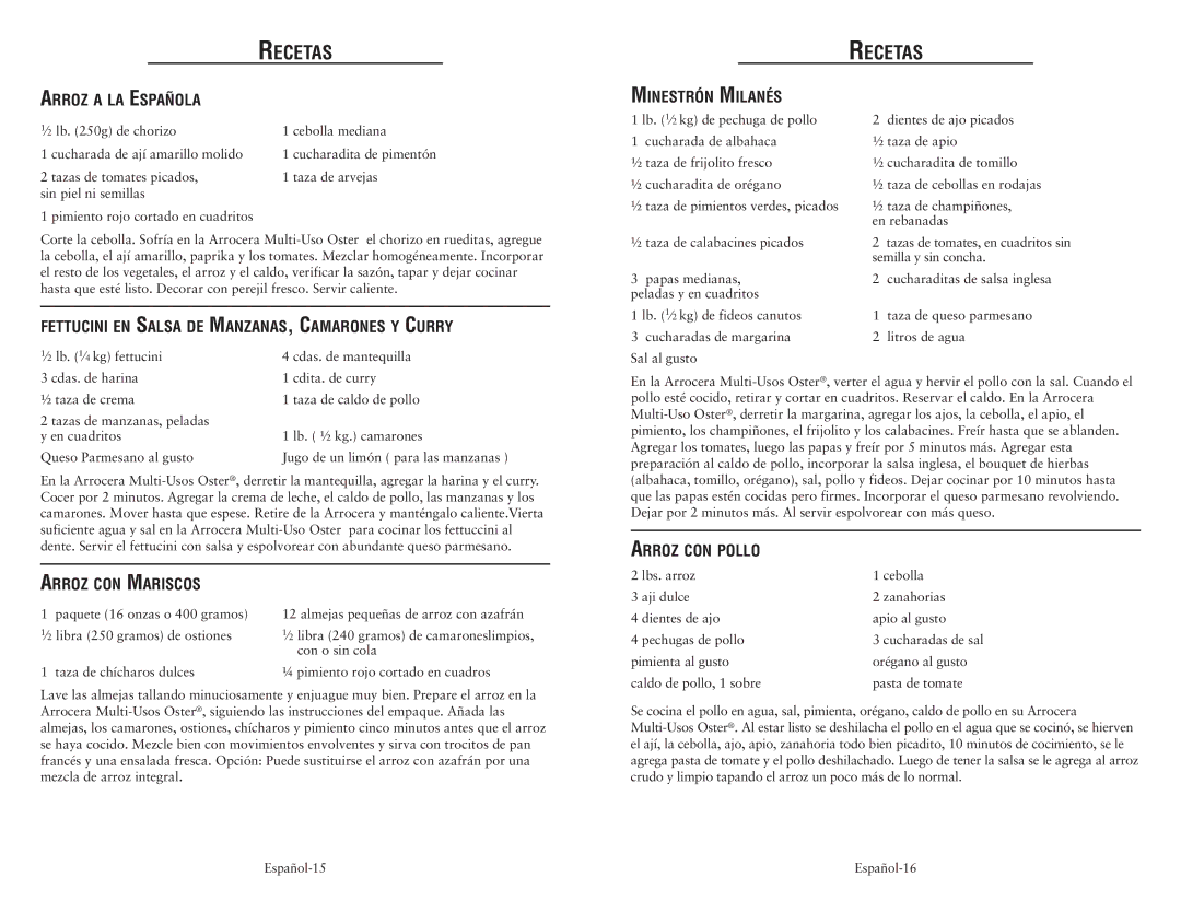 Oster 128342 user manual Recetas 