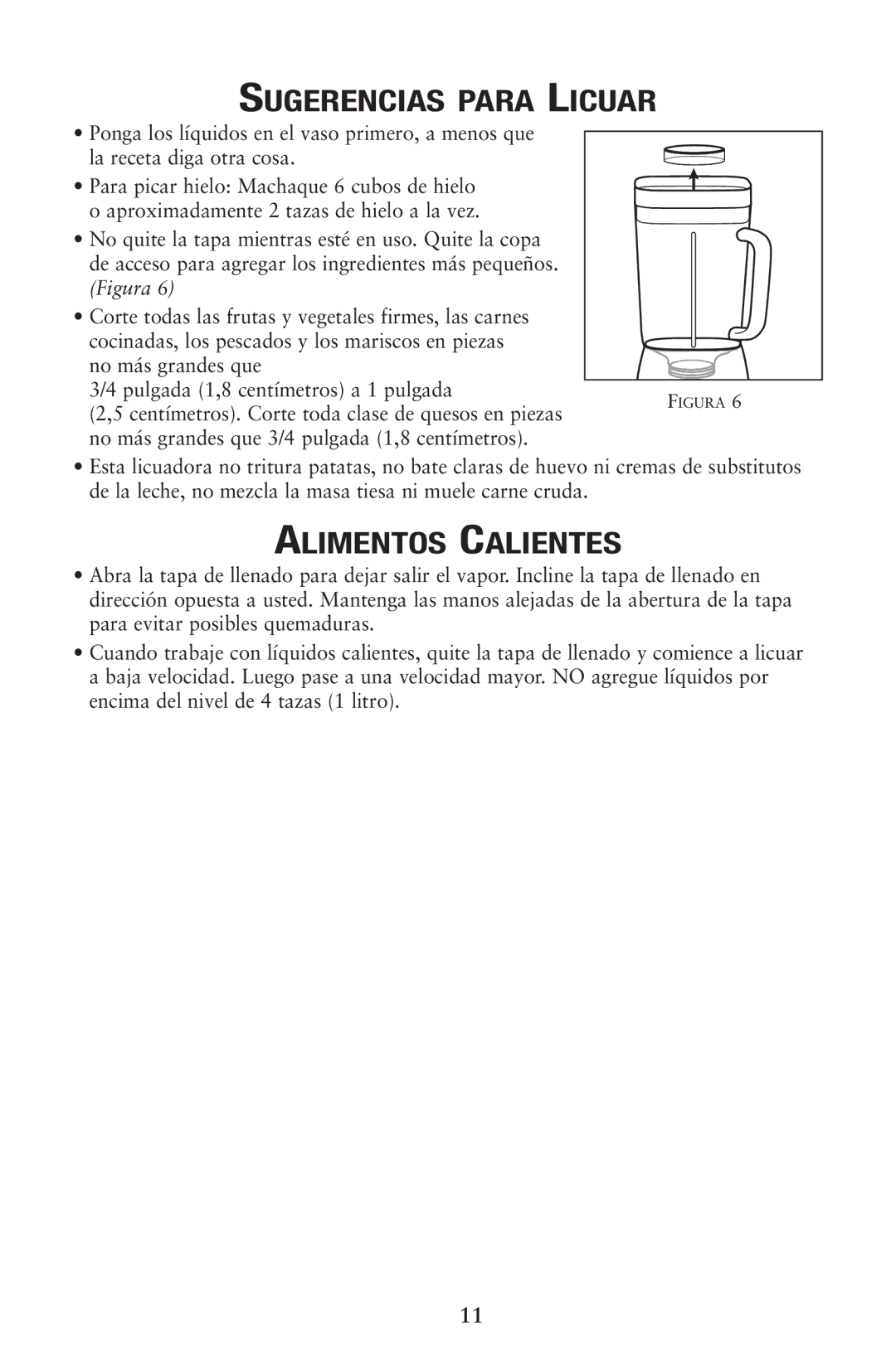 Oster 133086 user manual Sugerencias Para Licuar, Alimentos Calientes 