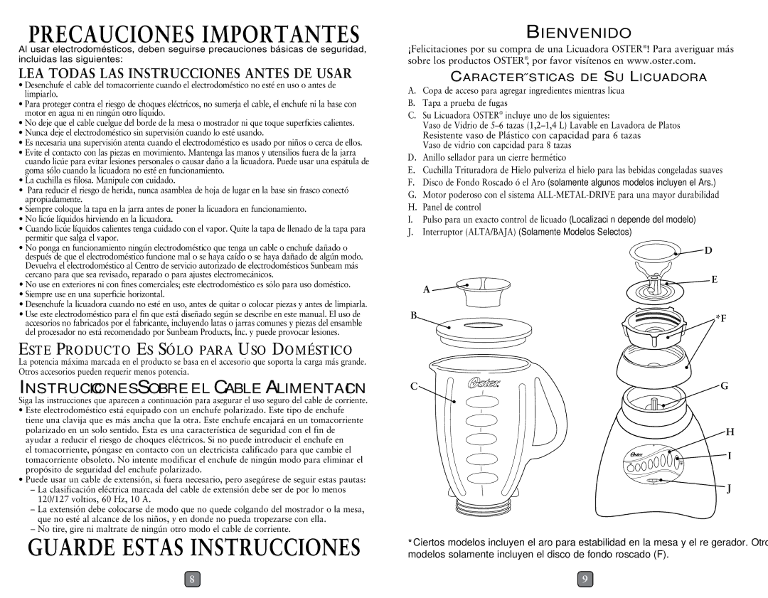 Oster 133093-005-000 user manual Precauciones Importantes, Este Producto Es Sólo para Uso Doméstico 