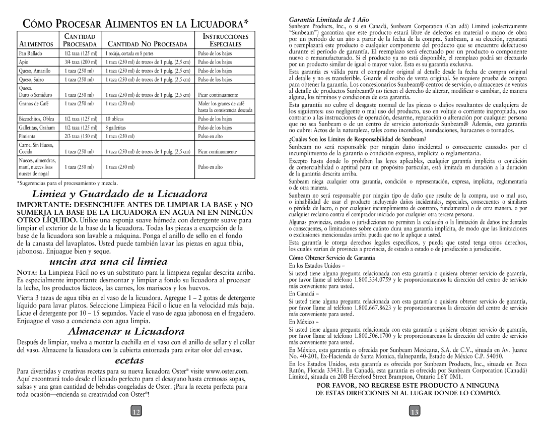 Oster 133093-005-000 Limpieza Y Guardado DE SU Licuadora, Almacenar SU Licuadora, Recetas, Función Para UNA Fácil Limpieza 