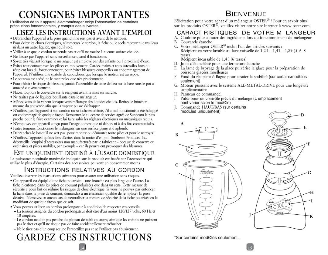 Oster 133093-005-000 Consignes Importantes, Gardez CES Instructions, Est uniquement destiné à l’usage domestique 