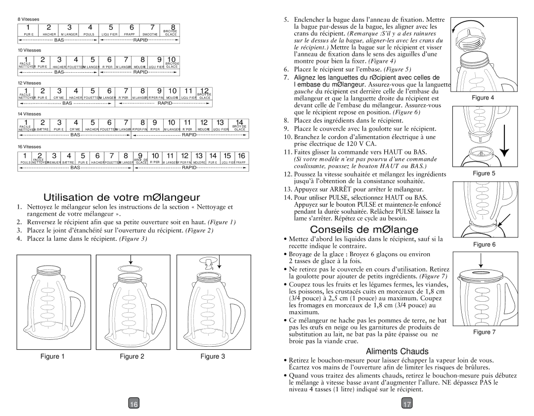 Oster 133093-005-000 user manual Utilisation DE Votre Mélangeur, Conseils DE Mélange, Aliments Chauds 