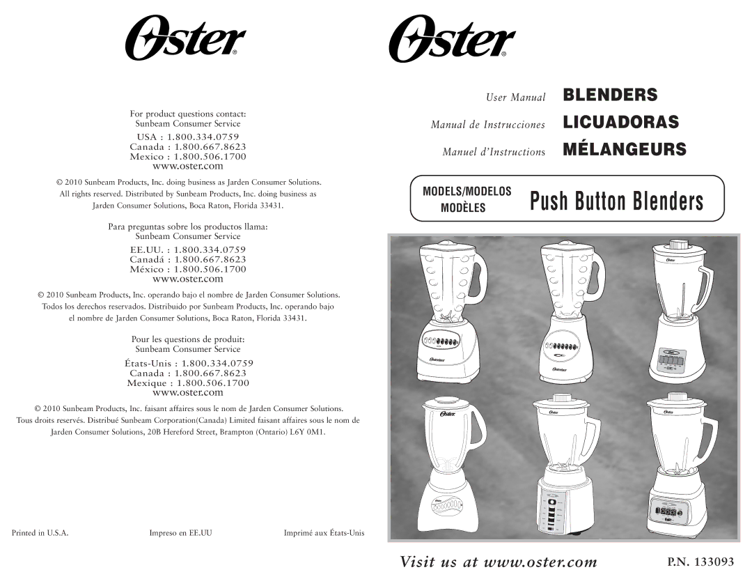 Oster 133093 user manual Push Button Blenders 