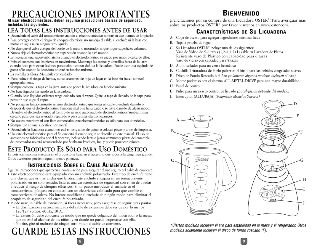 Oster 133093 user manual Este Producto ES Sólo Para USO Doméstico, Bienvenido 