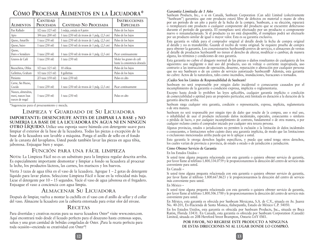 Oster 133093 Limpieza Y Guardado DE SU Licuadora, Función Para UNA Fácil Limpieza, Almacenar SU Licuadora, Recetas 