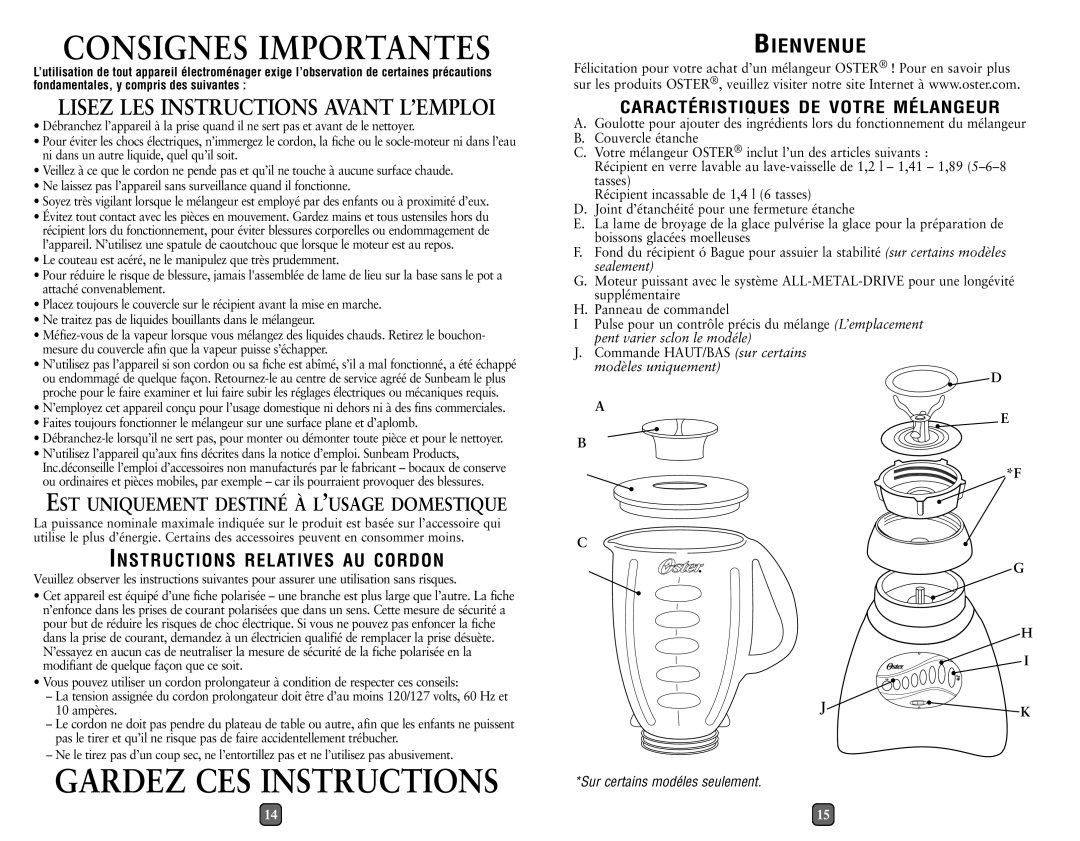 Oster 133093 user manual EST Uniquement Destiné À L’USAGE Domestique, Bienvenue 