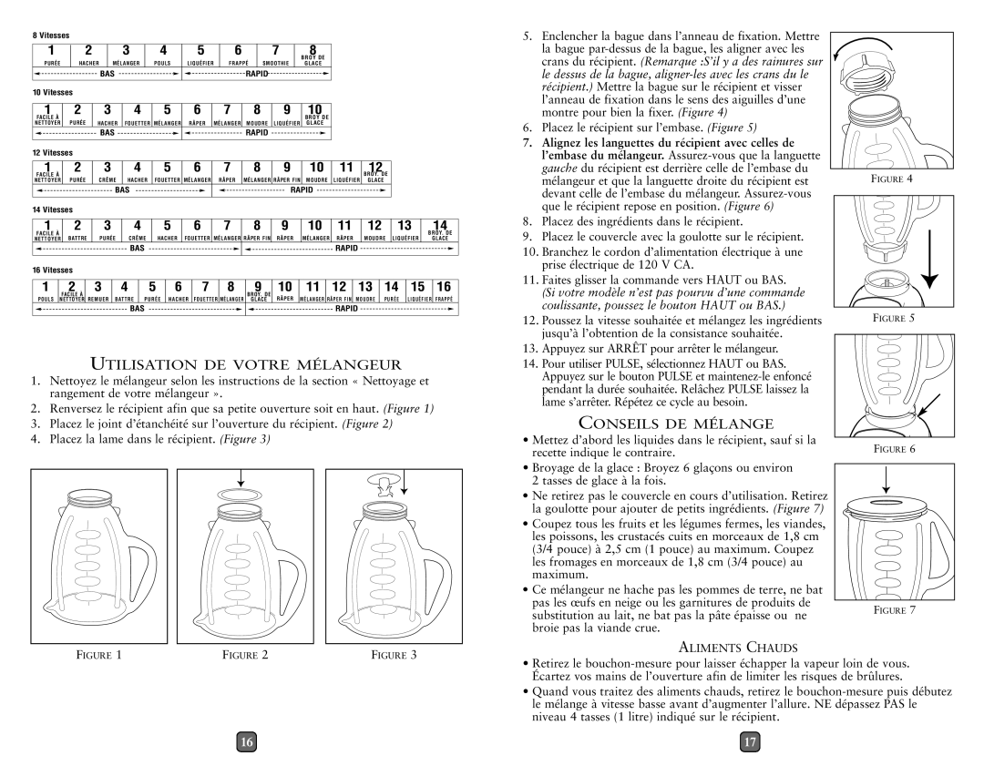 Oster 133093 user manual Utilisation DE Votre Mélangeur, Conseils DE Mélange, 321 87654, 432 