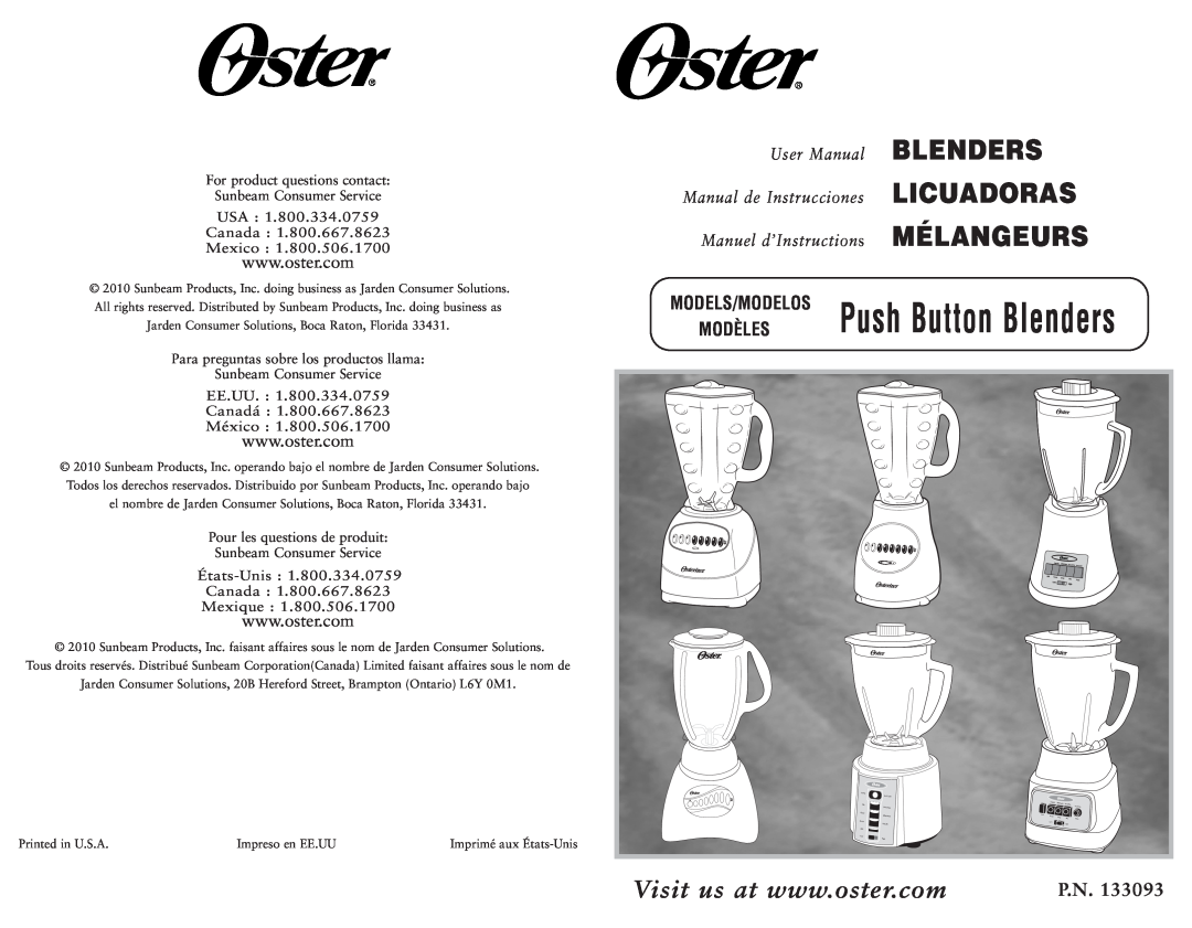 Oster 133093 user manual Modèles, Models/Modelos, Push Button Blenders, P.N, Manual de Instruc cio nes LICUADORAS 