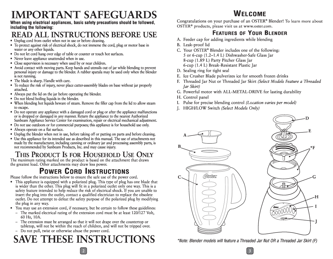 Oster 133093 Important Safeguards, Savethese Instructions, This Product Is For Household Use Only, Welcome, C G H I J 