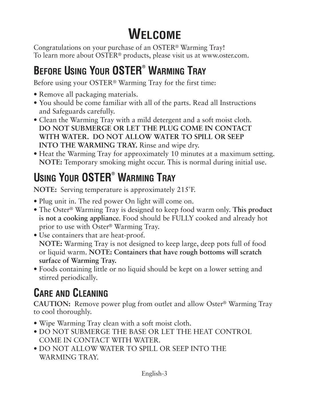 Oster CKSTWTLS00, 133704 user manual Welcome, Before Using Your Oster Warming Tray, Care and Cleaning 