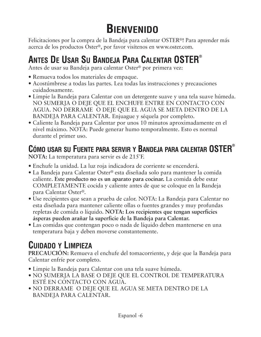 Oster 133704, CKSTWTLS00 user manual Bienvenido, Antes DE Usar SU Bandeja Para Calentar Oster, Cuidado Y Limpieza 