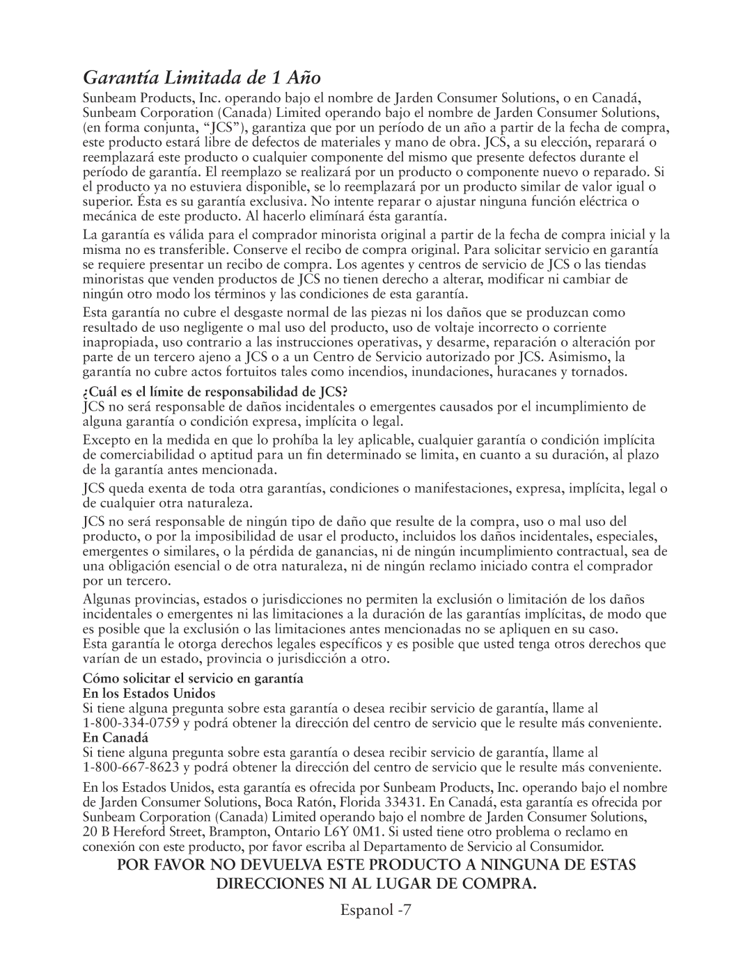 Oster CKSTWTLS00, 133704 user manual ¿Cuál es el límite de responsabilidad de JCS?, En Canadá 