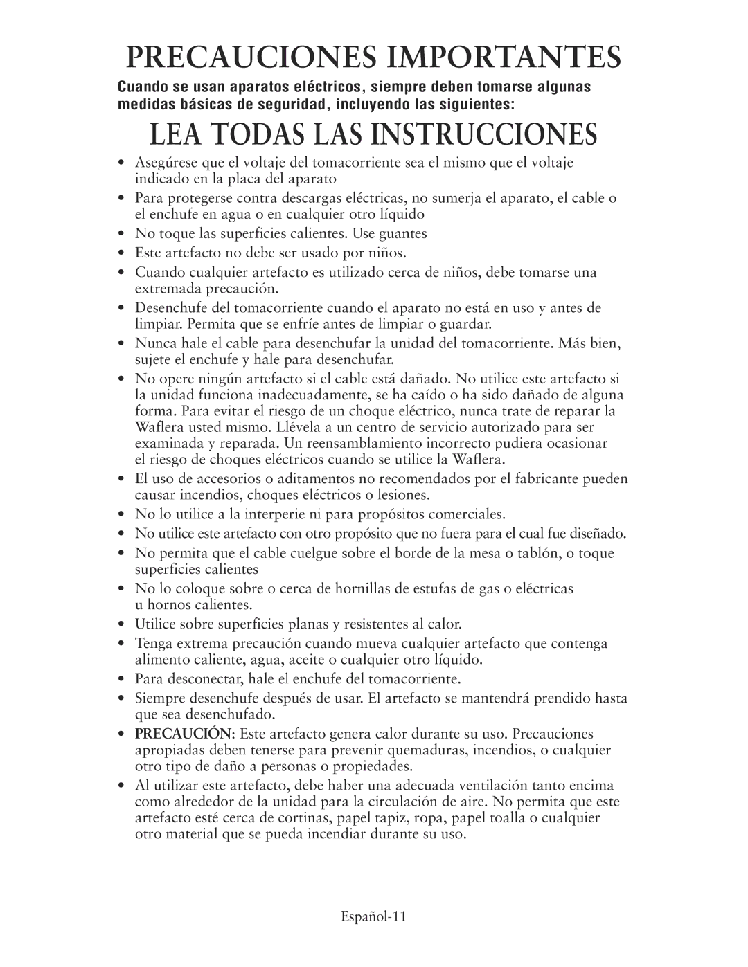 Oster 135018, CKSTWFBF10 user manual Precauciones Importantes 