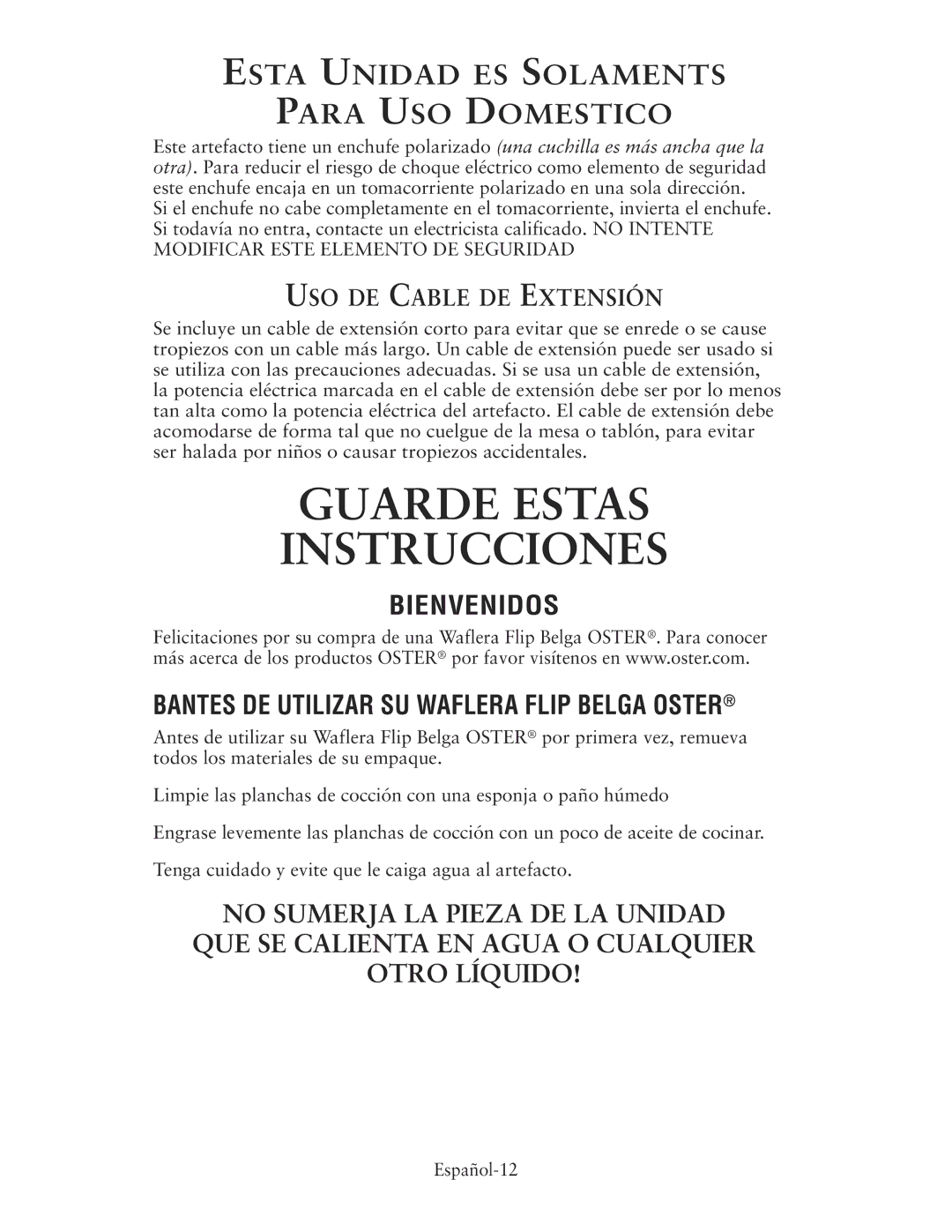 Oster CKSTWFBF10, 135018 user manual Esta Unidad ES Solam Ents Para USO Domestico, USO DE Cable DE Extensión 