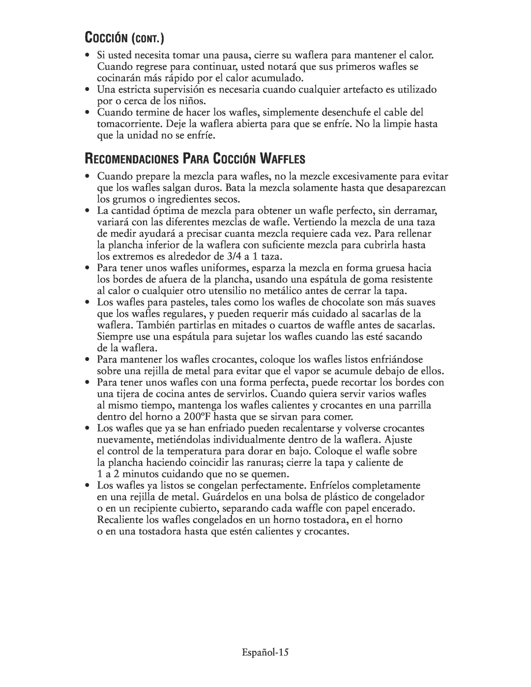 Oster 135018, CKSTWFBF10 user manual Cocción Cont, Recomendaciones Para Cocción Waffles 