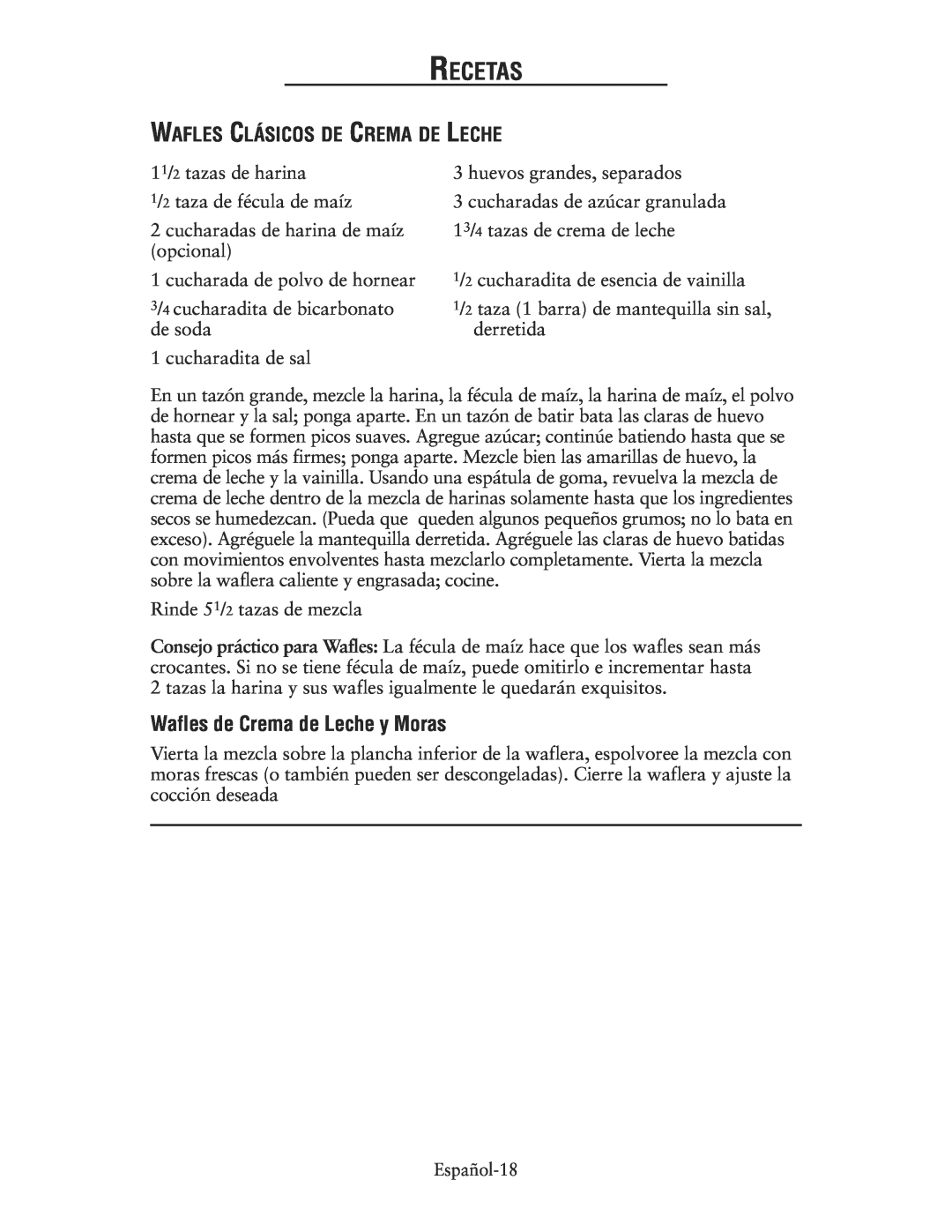 Oster CKSTWFBF10, 135018 user manual Wafles de Crema de Leche y Moras, Wafles Clásicos De Crema De Leche, Recetas 