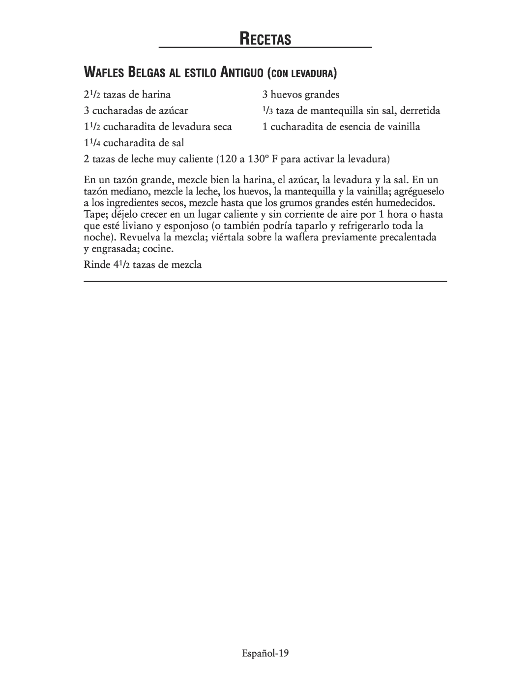 Oster 135018, CKSTWFBF10 user manual Wafles Belgas Al Estilo Antiguo Con Levadura, Recetas 
