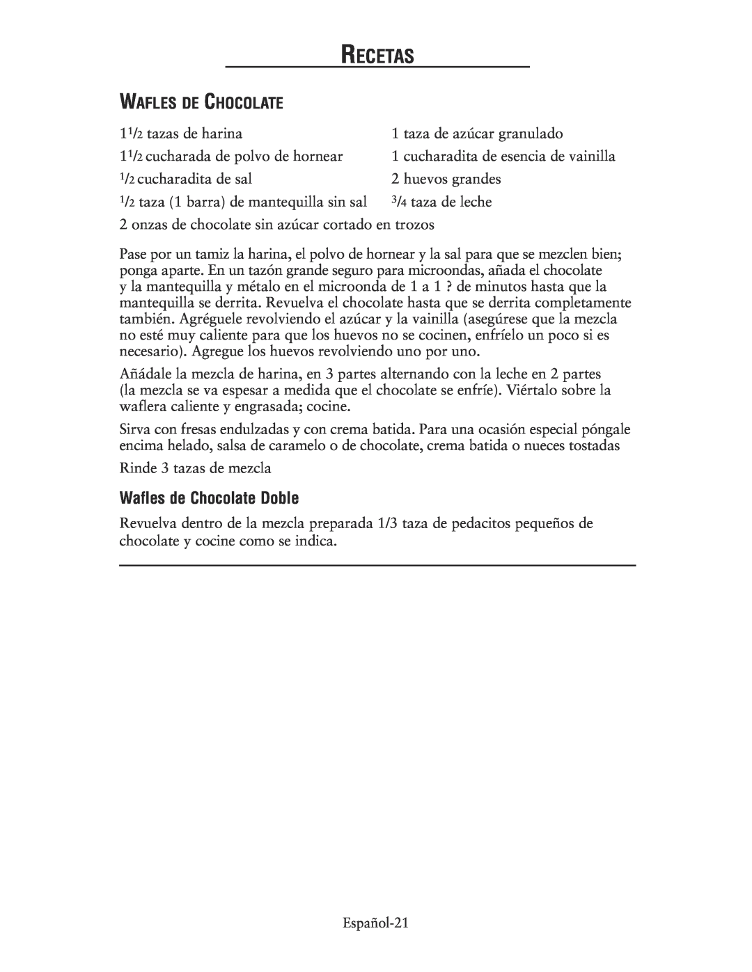 Oster 135018, CKSTWFBF10 user manual Wafles de Chocolate Doble, Wafles De Chocolate, Recetas 