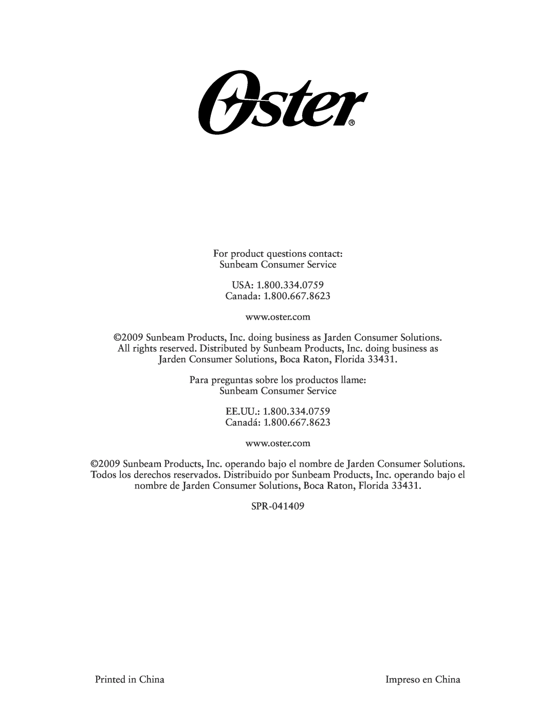 Oster 135018, CKSTWFBF10 user manual For product questions contact 
