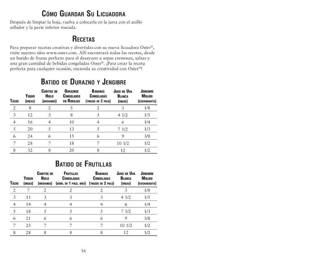 Oster 135518 user manual Cómo Guardar Su Licuadora, Recetas Batido de Durazno y Jengibre, Batido de Frutillas 