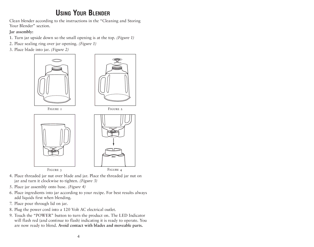 Oster 135518 user manual Using Your Blender, Jar assembly 