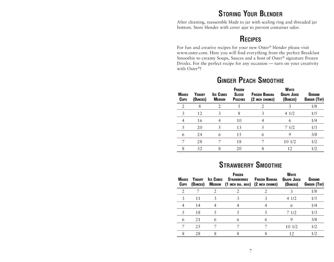 Oster 135518 user manual Storing Your Blender, Recipes, Ginger Peach Smoothie, Strawberry Smoothie 