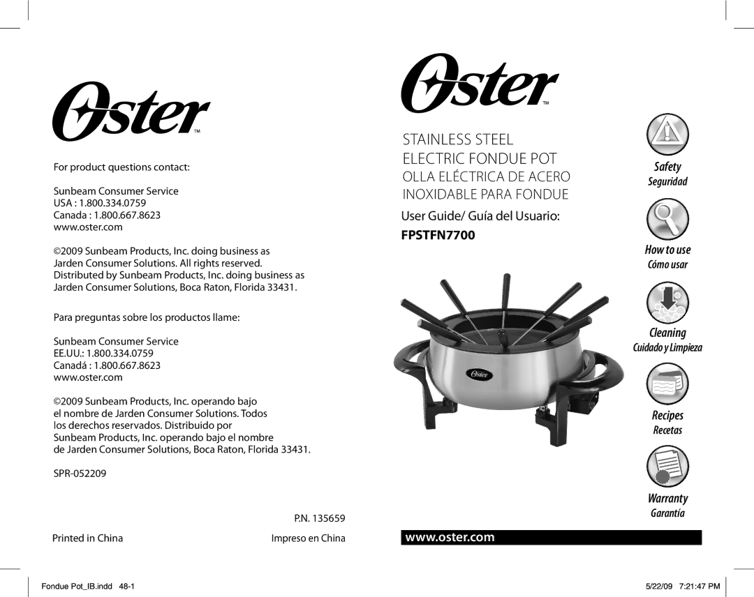 Oster FPSTFN7700, 135659 warranty Stainless Steel Electric Fondue Pot 