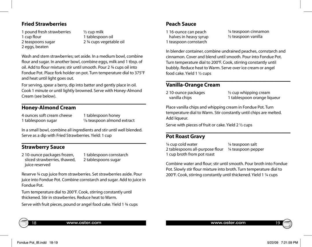 Oster 135659 Fried Strawberries, Honey-Almond Cream, Strawberry Sauce, Peach Sauce, Vanilla-Orange Cream, Pot Roast Gravy 