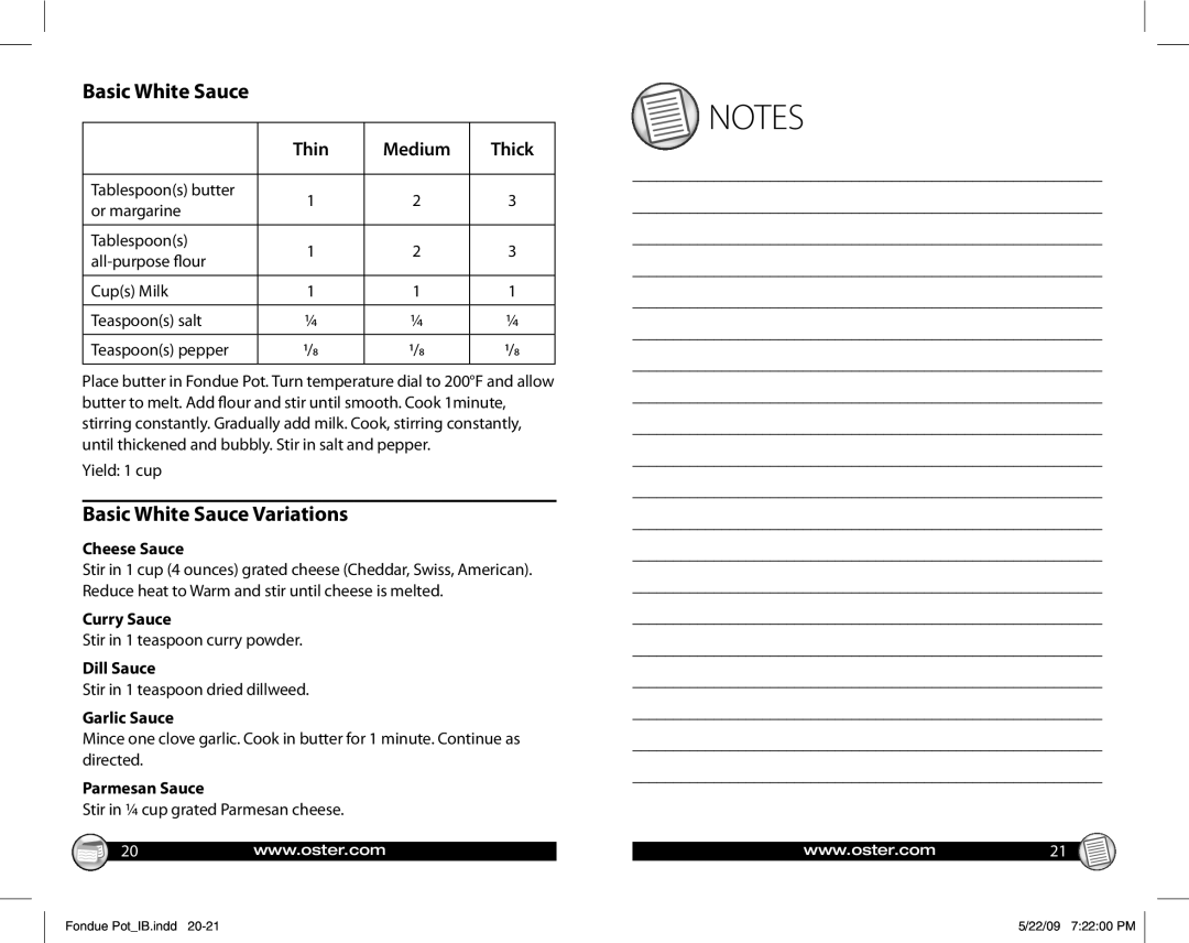 Oster FPSTFN7700, 135659 warranty Basic White Sauce Variations, Thin Medium Thick 