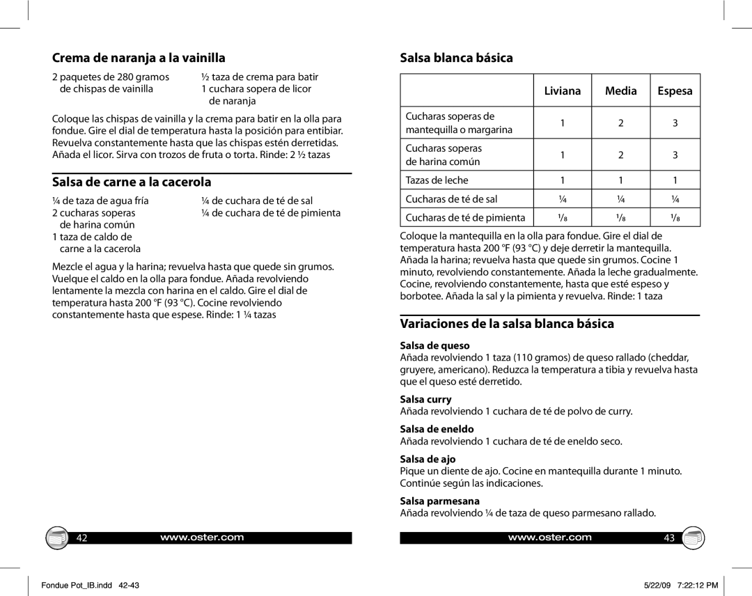 Oster 135659 Crema de naranja a la vainilla, Salsa de carne a la cacerola, Salsa blanca básica, Liviana Media Espesa 