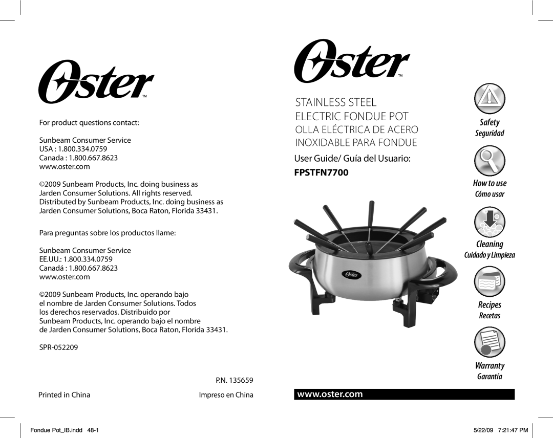 Oster FPSTFN7700 warranty User Guide/ Guía del Usuario, Stainless Steel Electric Fondue Pot, Safety, How to use, Cleaning 
