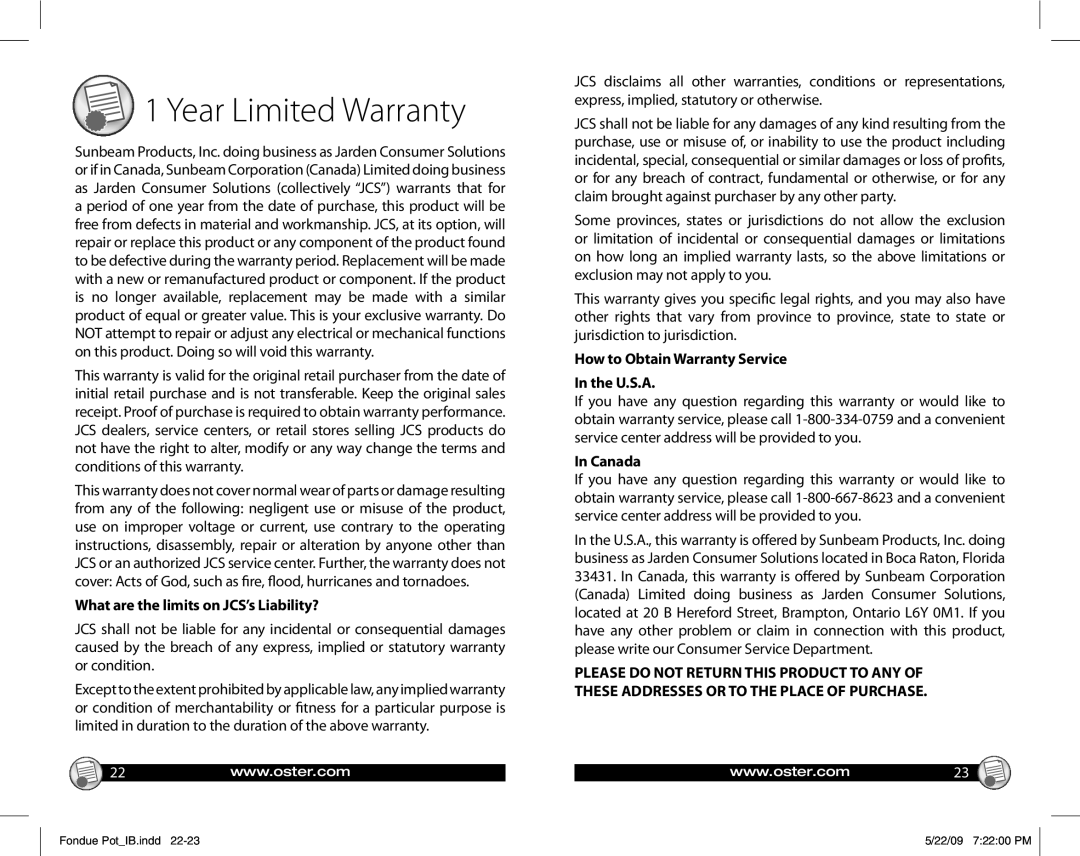 Oster 135659 Year Limited Warranty, What are the limits on JCS’s Liability?, How to Obtain Warranty Service In the U.S.A 
