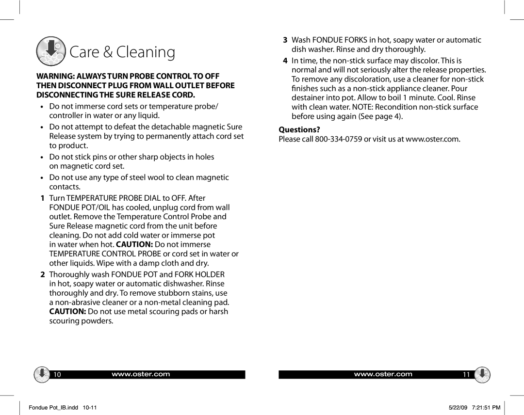 Oster 135659, FPSTFN7700 warranty Care & Cleaning, Questions? 