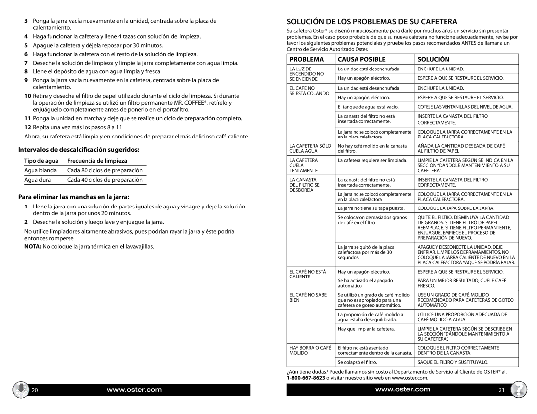 Oster BVST-RDXSS43, 137264 manual Solución DE LOS Problemas DE SU Cafetera, Intervalos de descalcificación sugeridos 